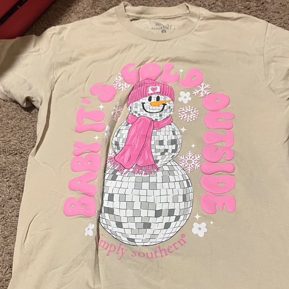 Simply Southern Beige Tee with Pink Snowman Disco Graphic